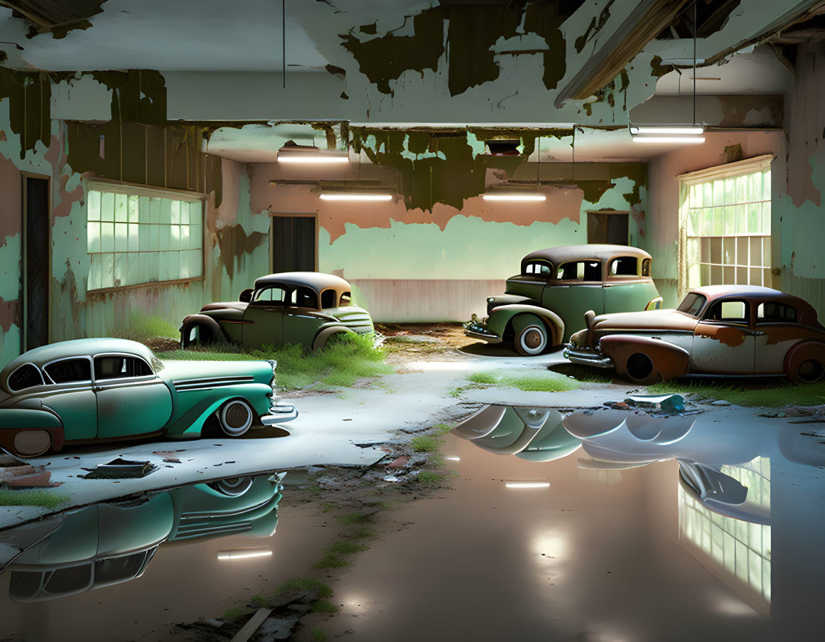 Vintage Cars in Dilapidated Garage with Peeling Paint and Water Reflections