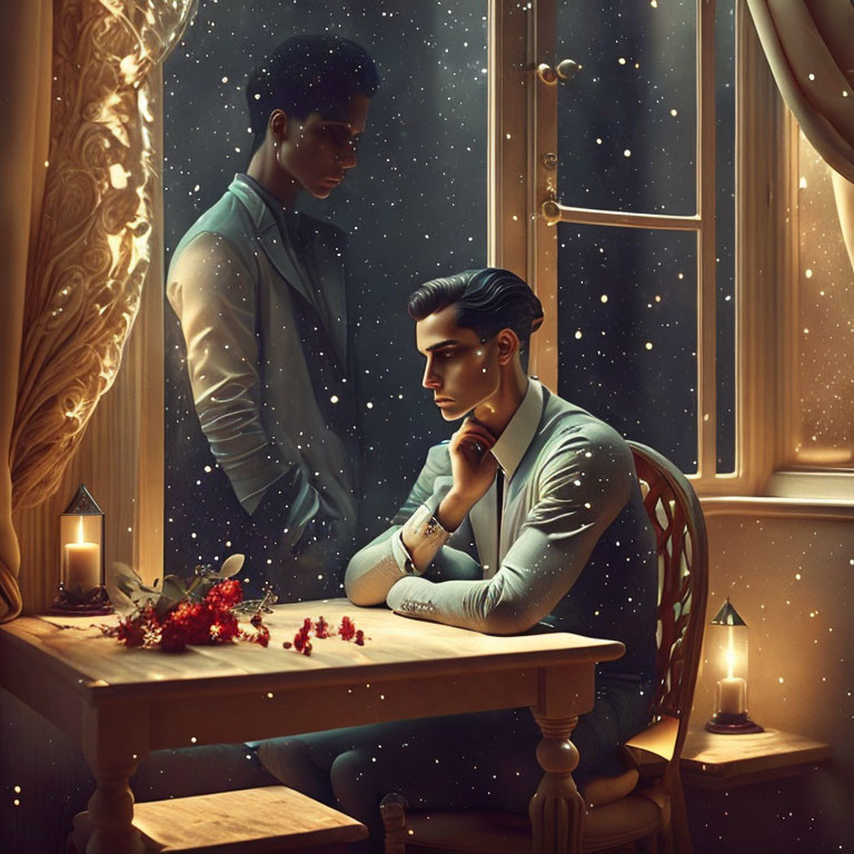 Men in dimly lit room with candles, one at table, one by window, starry night