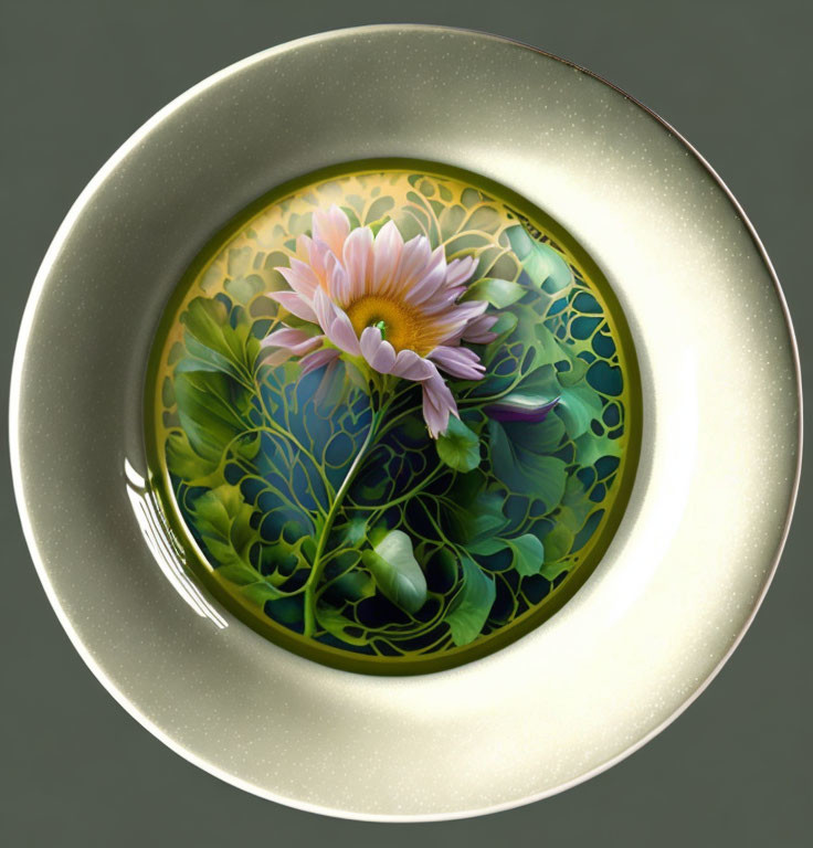 Floral Pink Flower Design on Yellow Decorative Plate