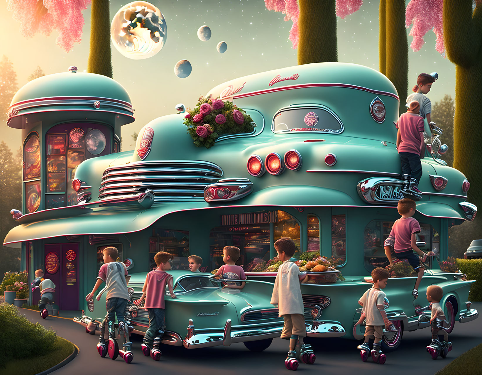 Retro-futuristic diner scene with vintage cars, moon, planets, and pink-flowered trees