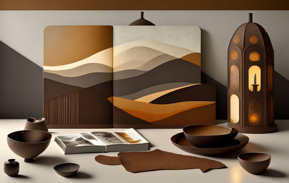 Earth-tone ceramics, desert-themed book, stylish lamp on neutral surface against geometric background