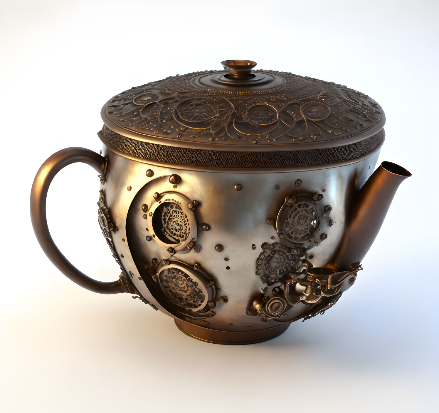 Vintage Teapot with Intricate Patterns and Metallic Finish on Neutral Background