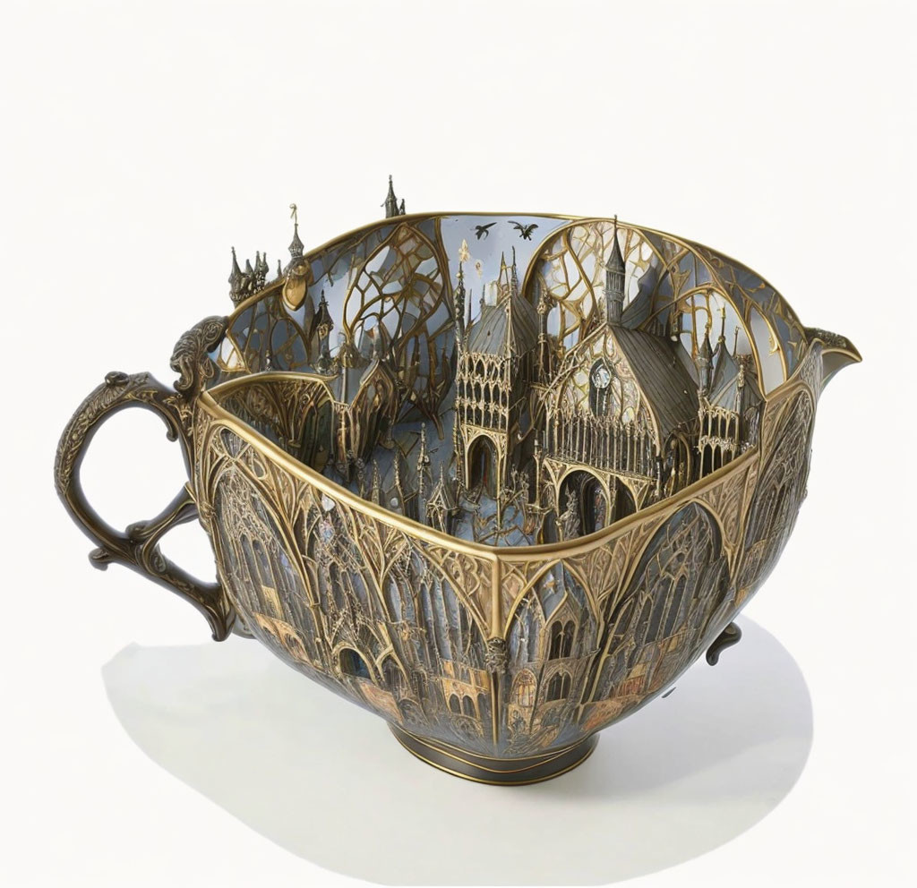Detailed Gothic Cathedral-Inspired Teacup Sculpture