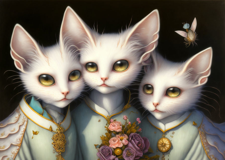 Regal white anthropomorphic cats in gold attire with bouquet and bee.