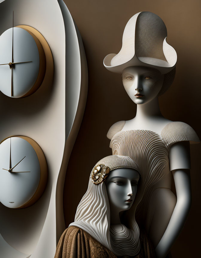 Surreal art: Two stylized female figures with sun hat and headpiece in front of abstract