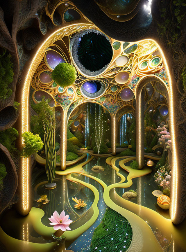 Fantasy landscape with glowing pathways, tree-like structures, hanging gardens, and serene lotus pond