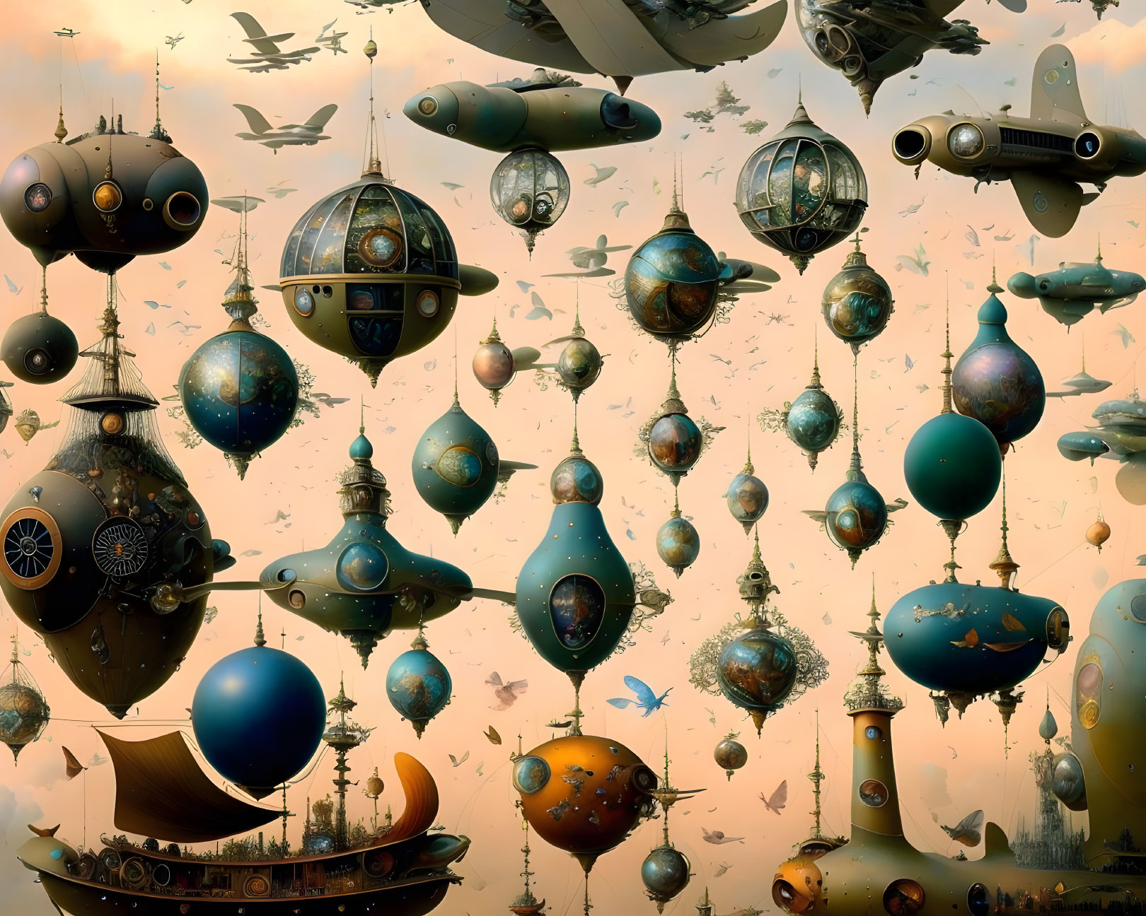 Fantastical sky with steampunk-inspired flying machines and structures.