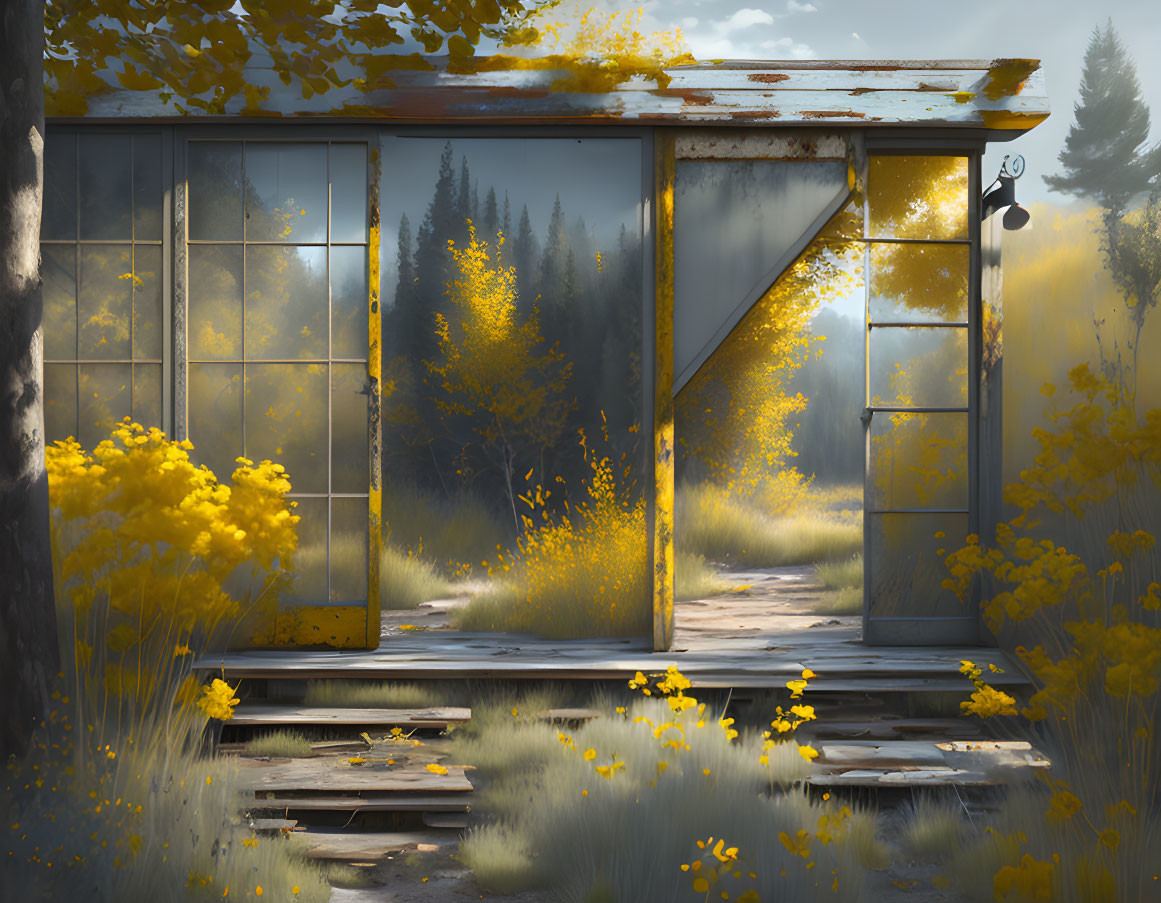 Abandoned glasshouse in autumnal setting with sunlight filtering through foliage