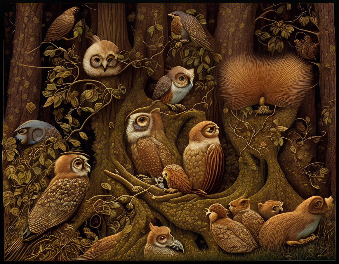 Detailed Artwork: Stylized Owls, Squirrel, Tree Branches & Foliage