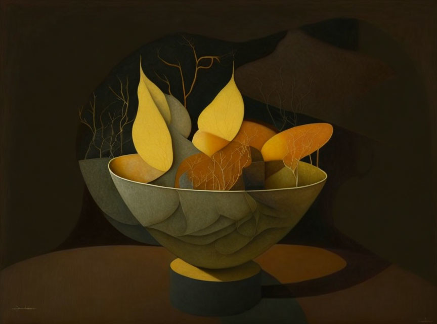 Still Life Painting: Bowl with Stylized Leaves and Abstract Tree Forms