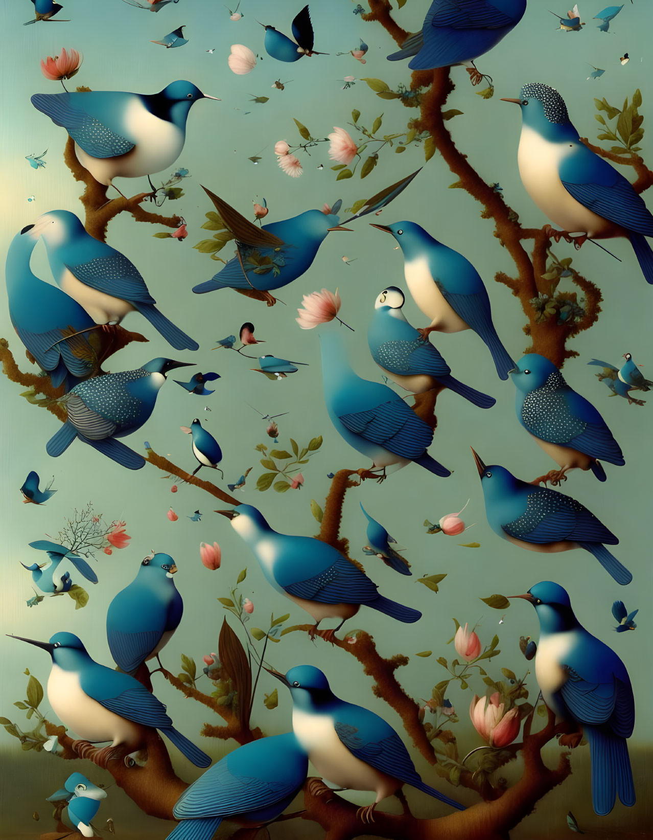 Stylized blue birds on flowering branches in artistic illustration