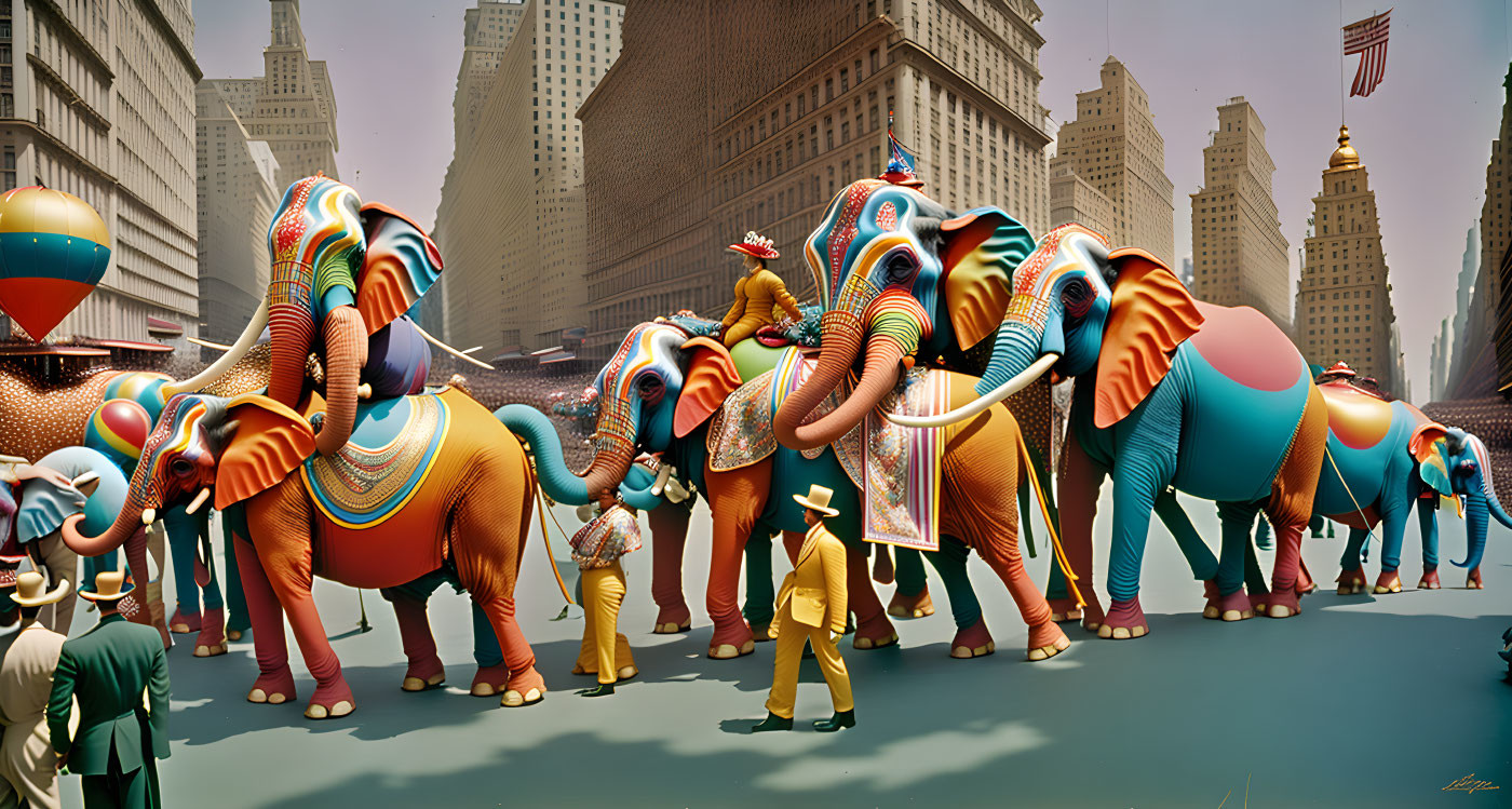 Vibrant painted elephants parade in city street with colorful people