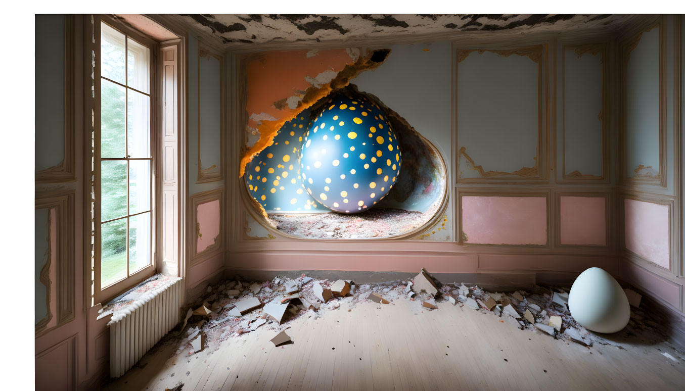 Surreal cracked egg with blue dots in dilapidated room