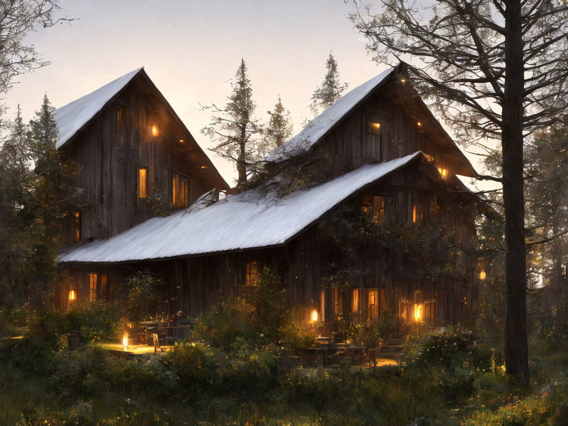 Snowy Roofed Cabin Illuminated at Dusk in Tranquil Natural Setting