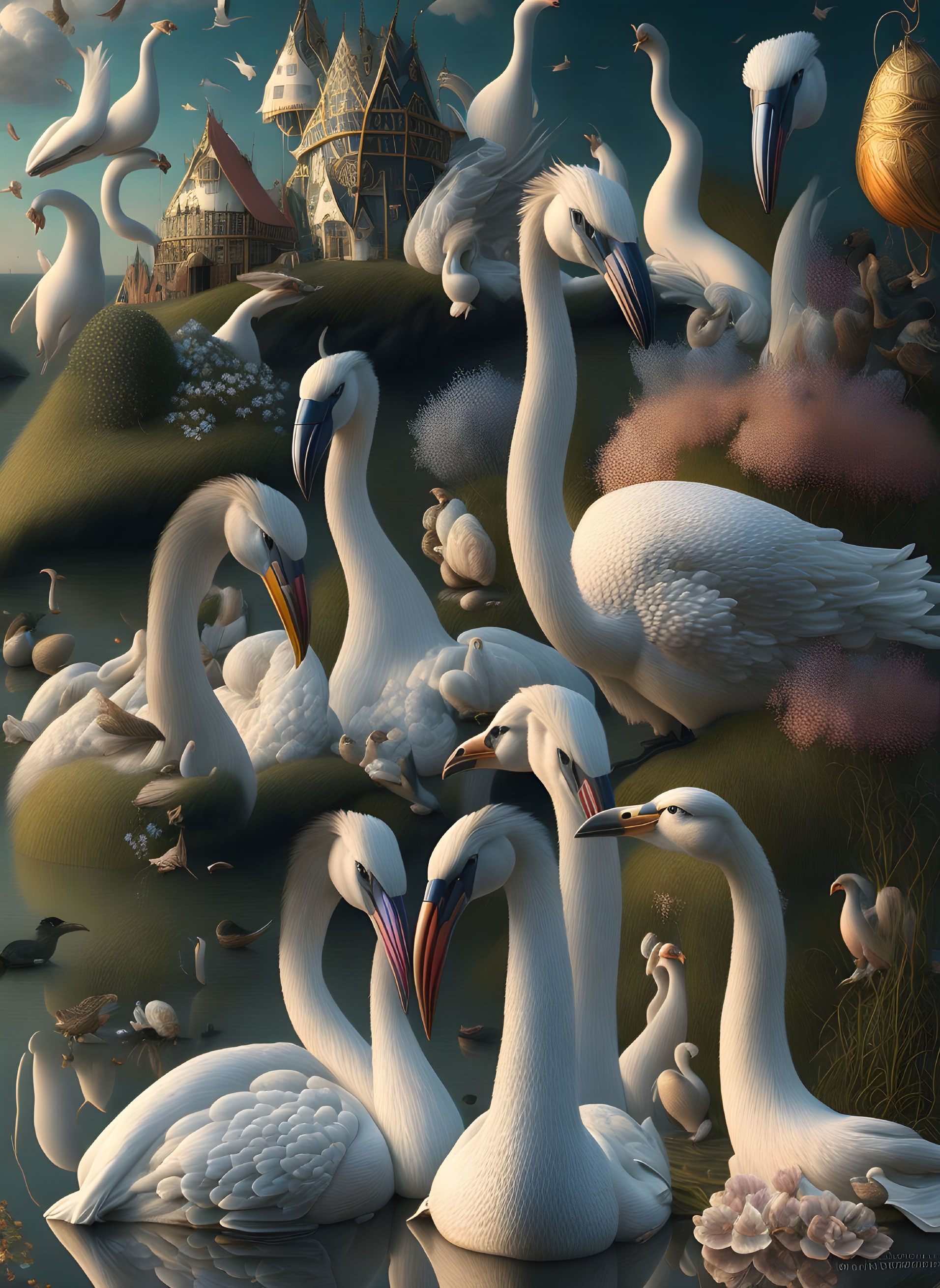 Ethereal scene: Swans, lush greenery, whimsical structures, birds at twilight