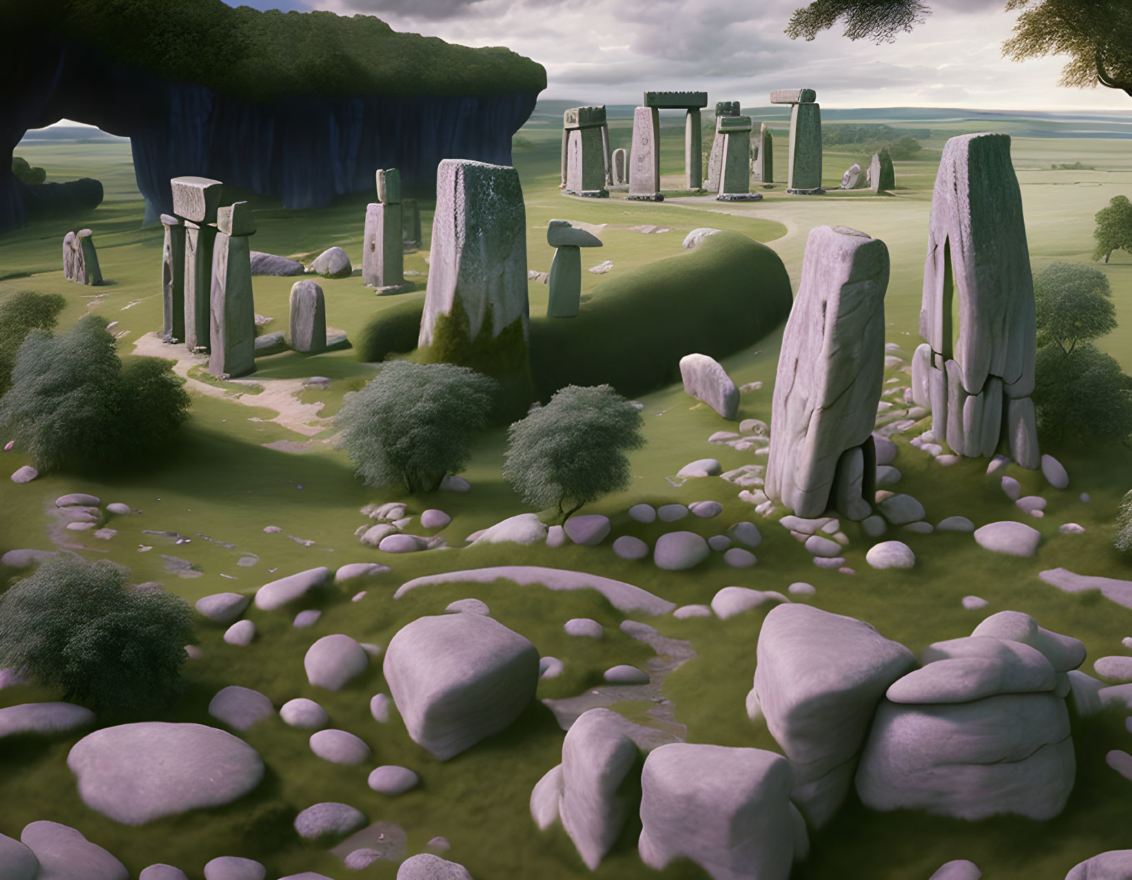 Surreal landscape with oversized Stonehenge-like rocks in green hills