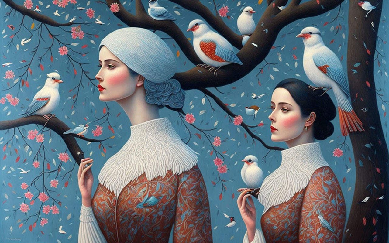 Vintage Attired Women Surrounded by Birds on Blossoming Tree