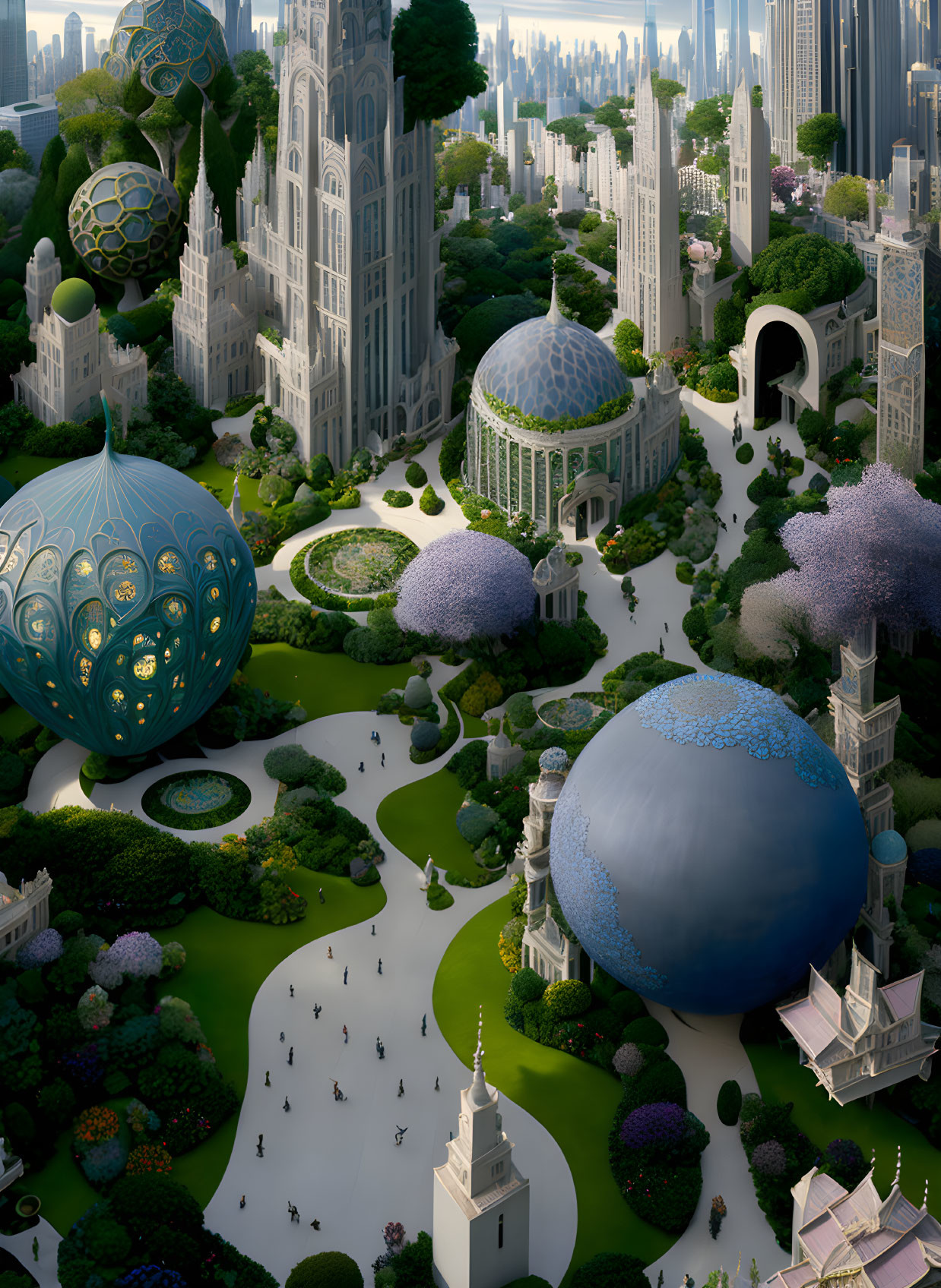 Fantastical cityscape with organic-shaped buildings and lush greenery