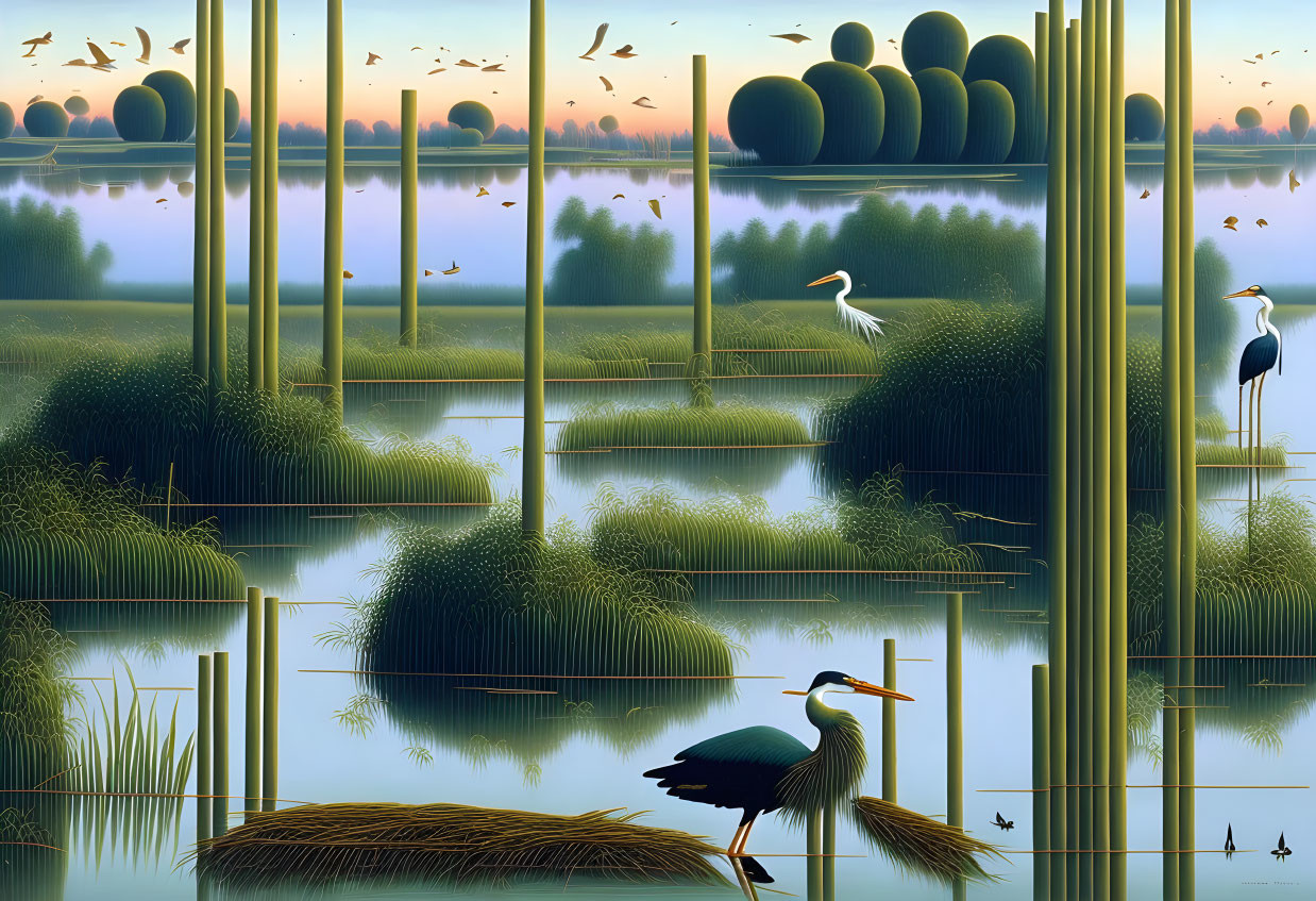 Surreal landscape with herons, geometric foliage, mirrored water