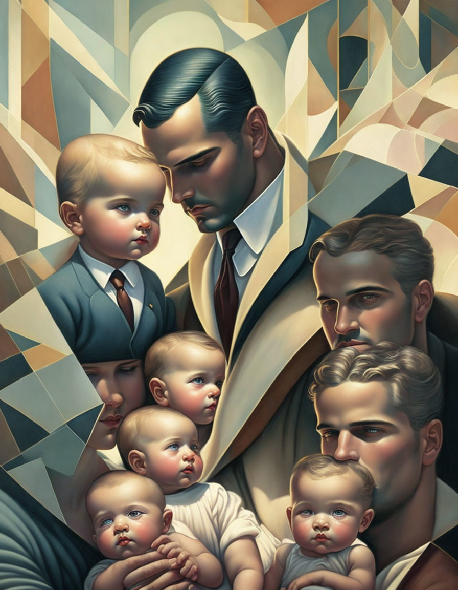 Abstract painting of man in suit with reflections holding babies on geometric backdrop