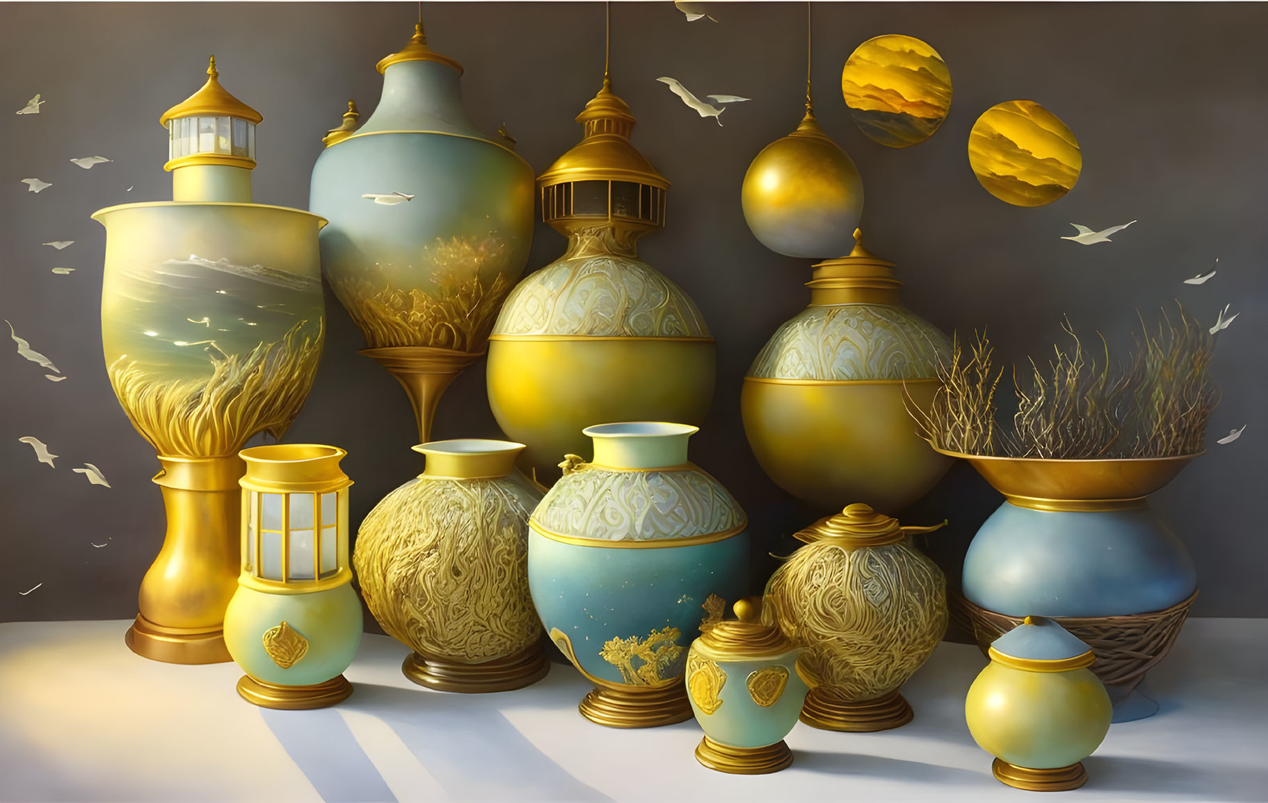 Elegant pots and lanterns with golden designs amid floating orbs and birds