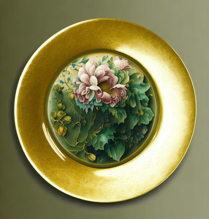 Gold-Rimmed Decorative Plate with Pink Flowers and Green Leaves on Green Background