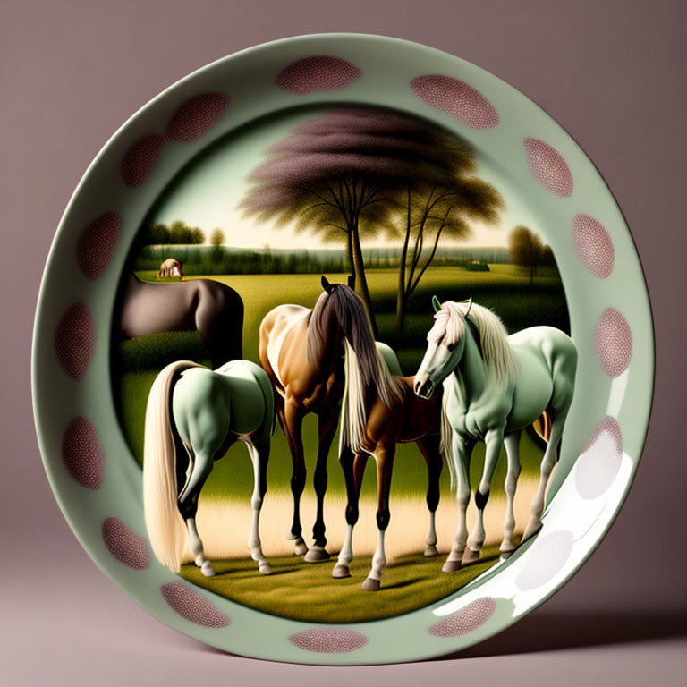 Pastoral scene with three horses on decorative plate