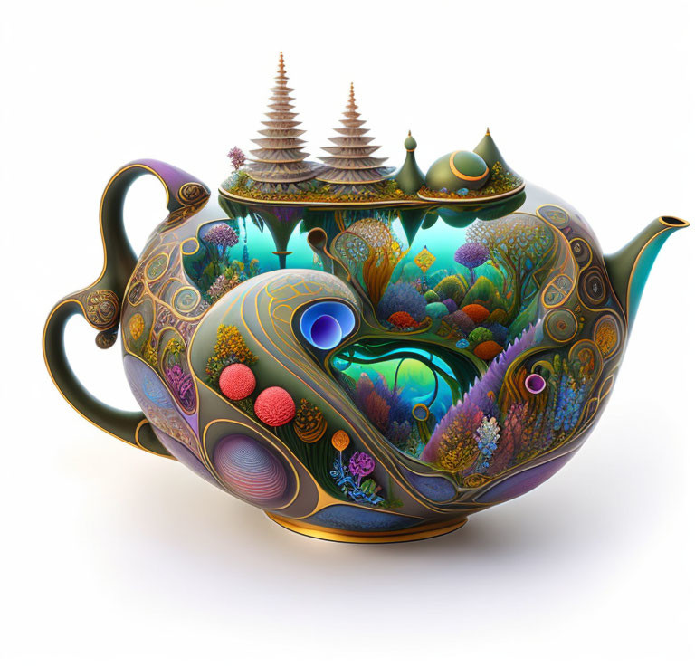 Colorful Teapot with Fantastical Landscape Design