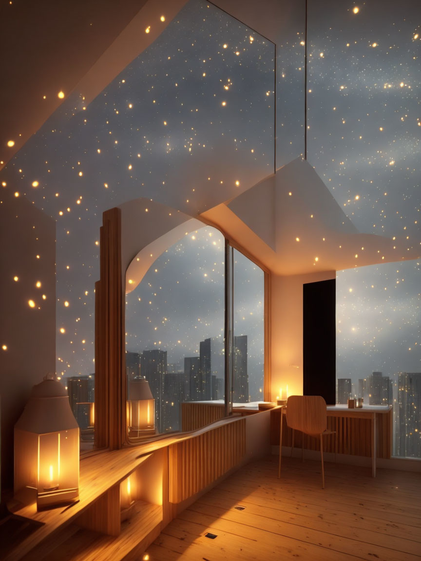 Modern cozy interior with starry sky ceiling, cityscape view, wooden floors, desk, chair,