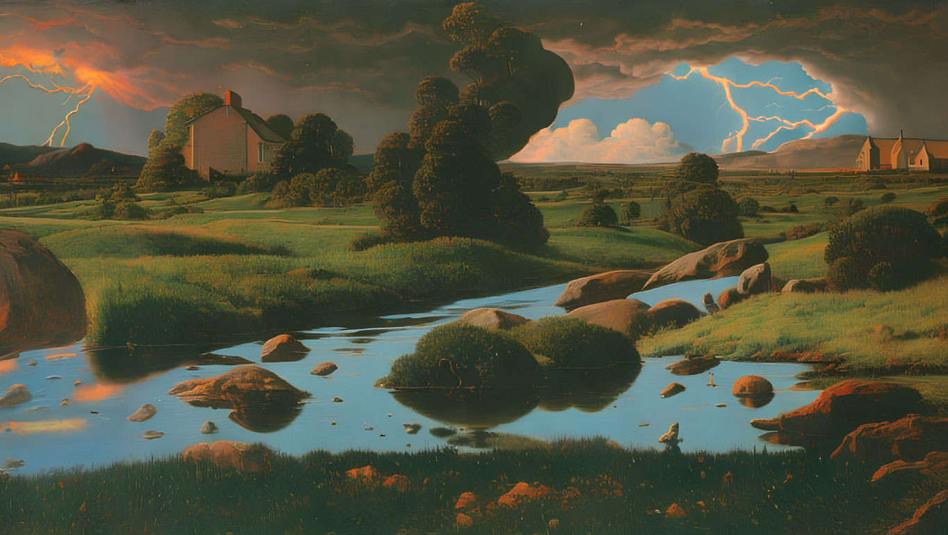 Countryside landscape with stream, boulders, trees, and stormy sky