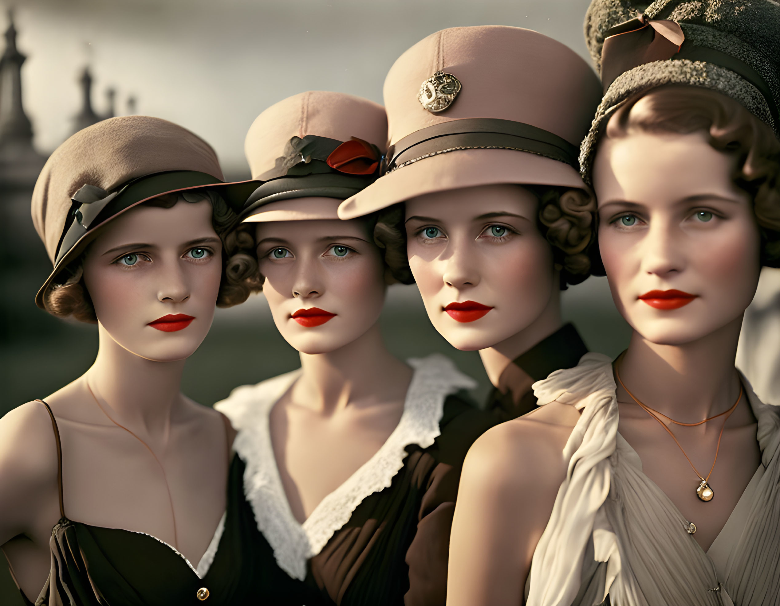 Vintage fashion: Four women in classic hats with styled hair, exuding elegance.