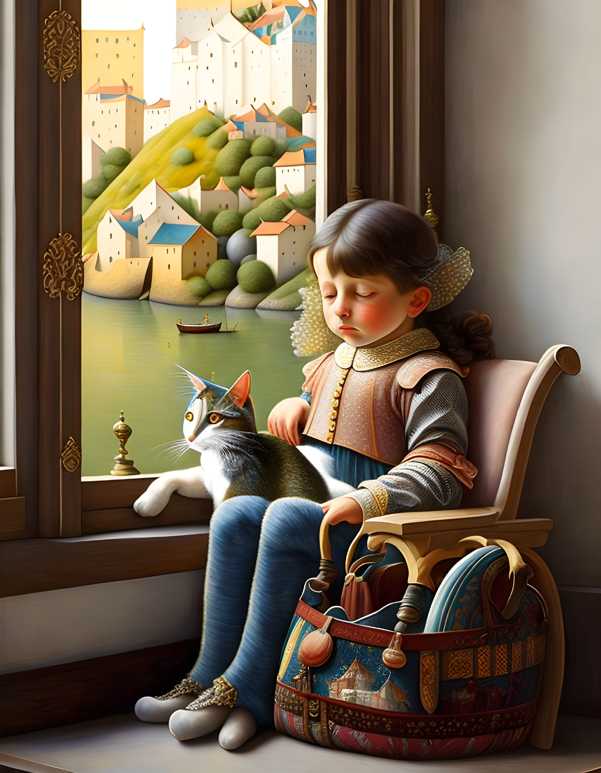Child in historical clothing with cat gazes at serene town by water