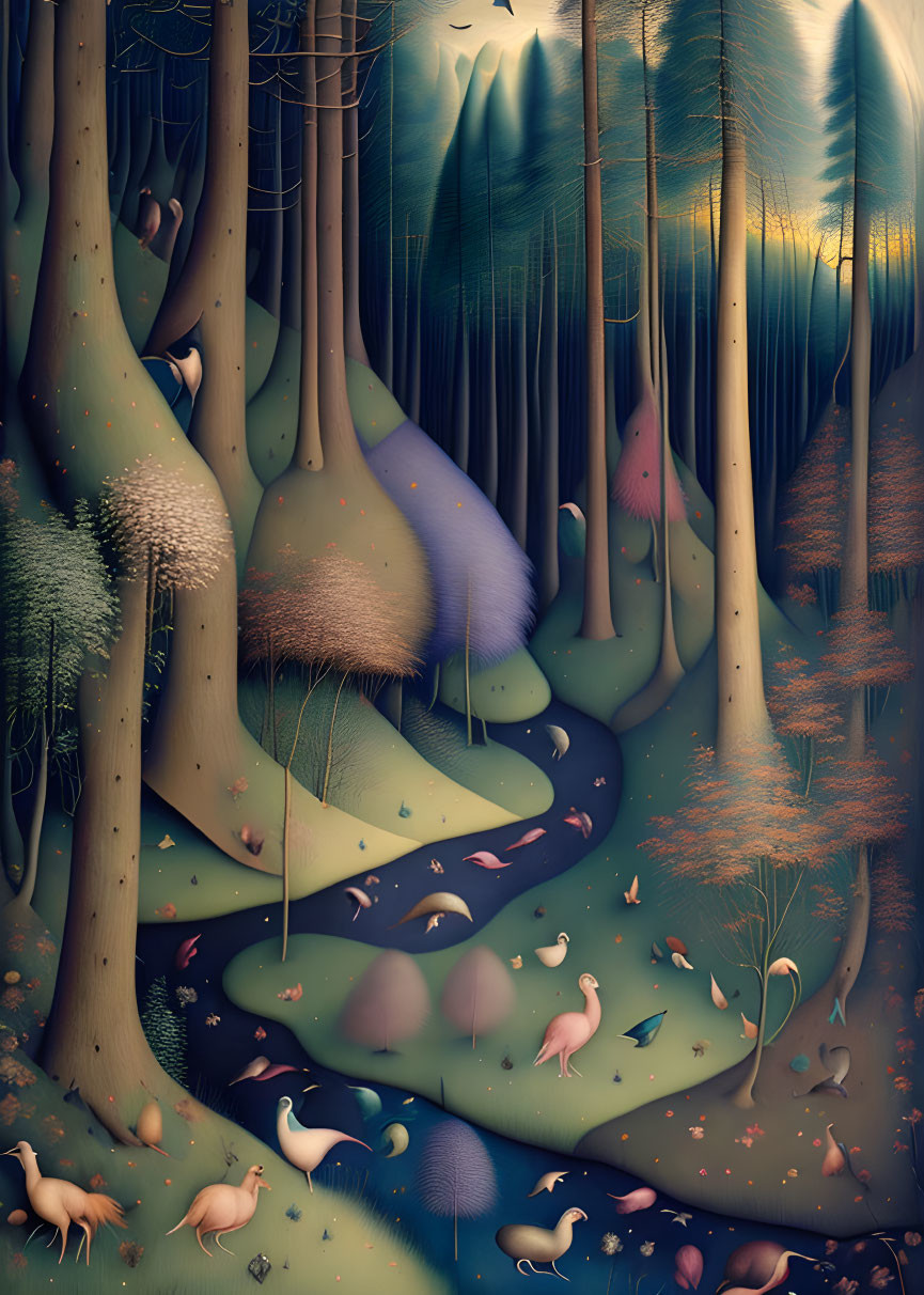 Whimsical forest scene with stylized trees and fantastical creatures