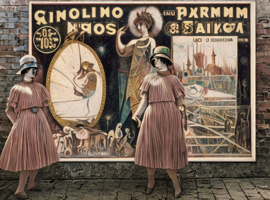 Ancient Greek attire couple posing with vintage Greek poster on brick wall