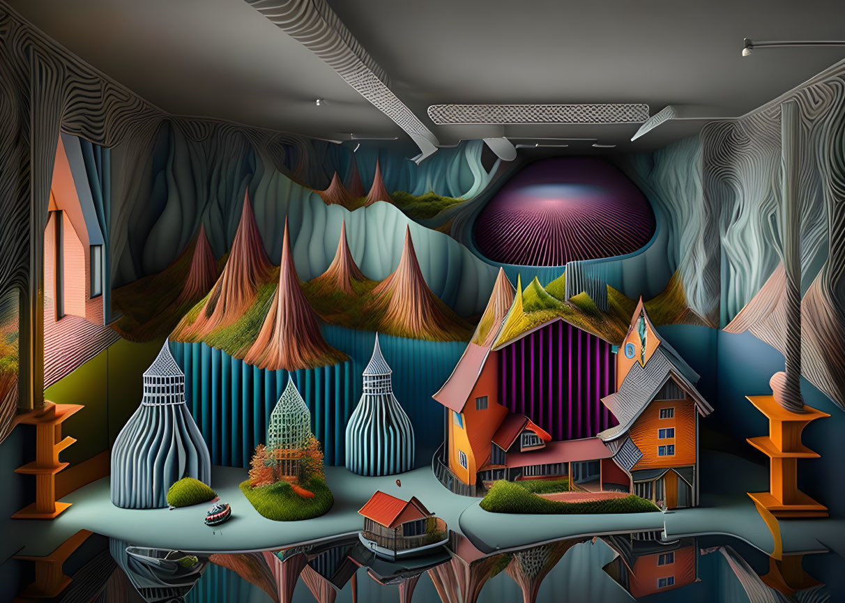 Surreal room with wavy walls, stylized mountains, house, trees, and peculiar objects
