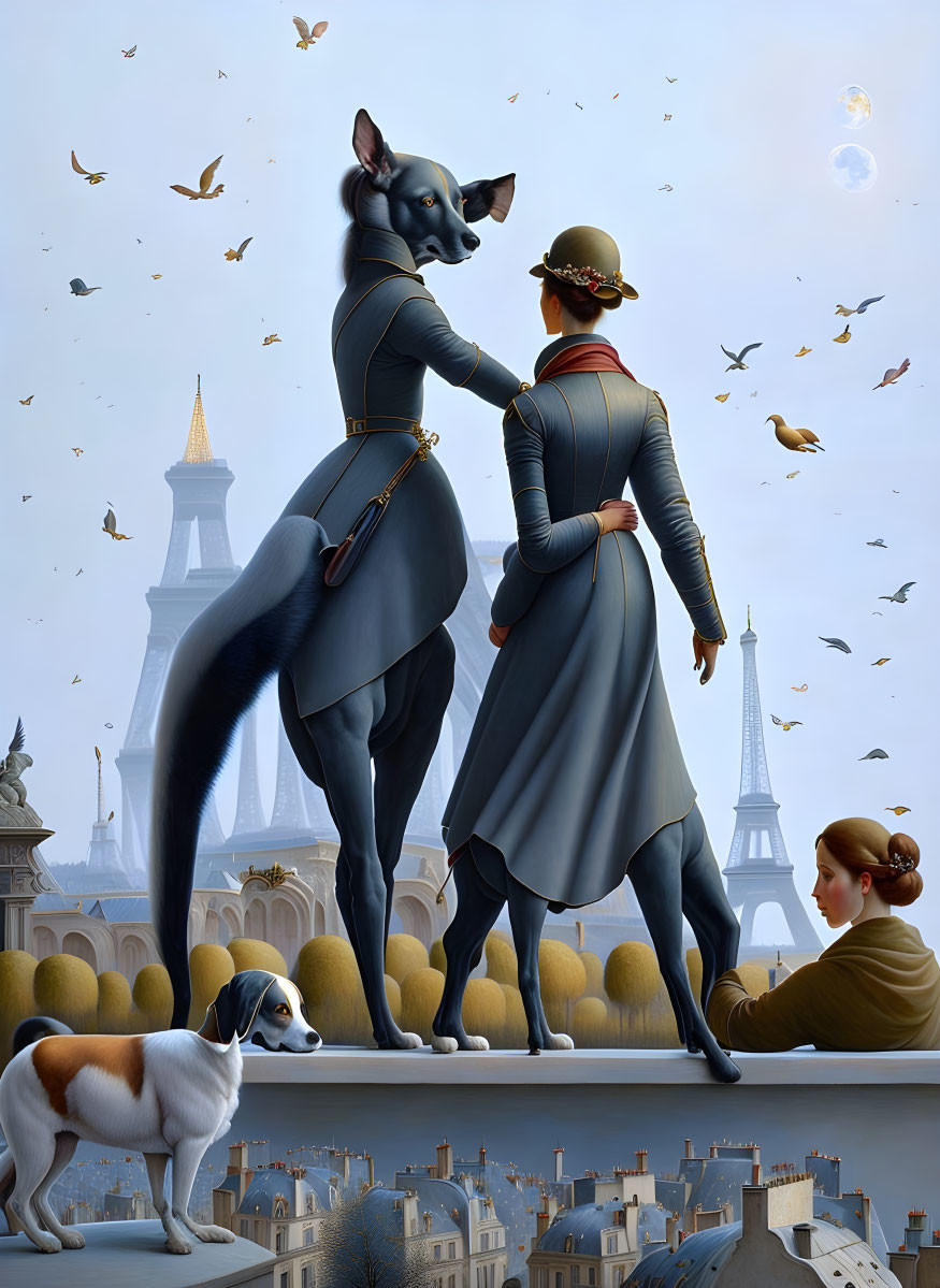 Anthropomorphic dog in military uniform with woman and city backdrop.
