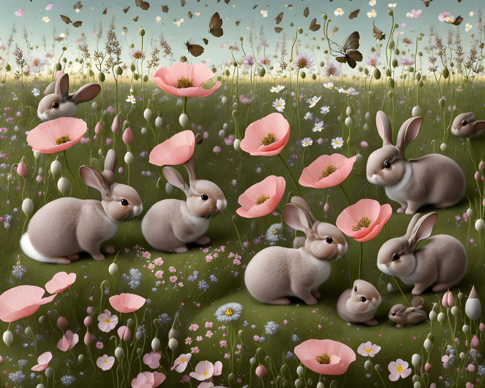 Multiple rabbits in blooming flower field with fluttering butterflies