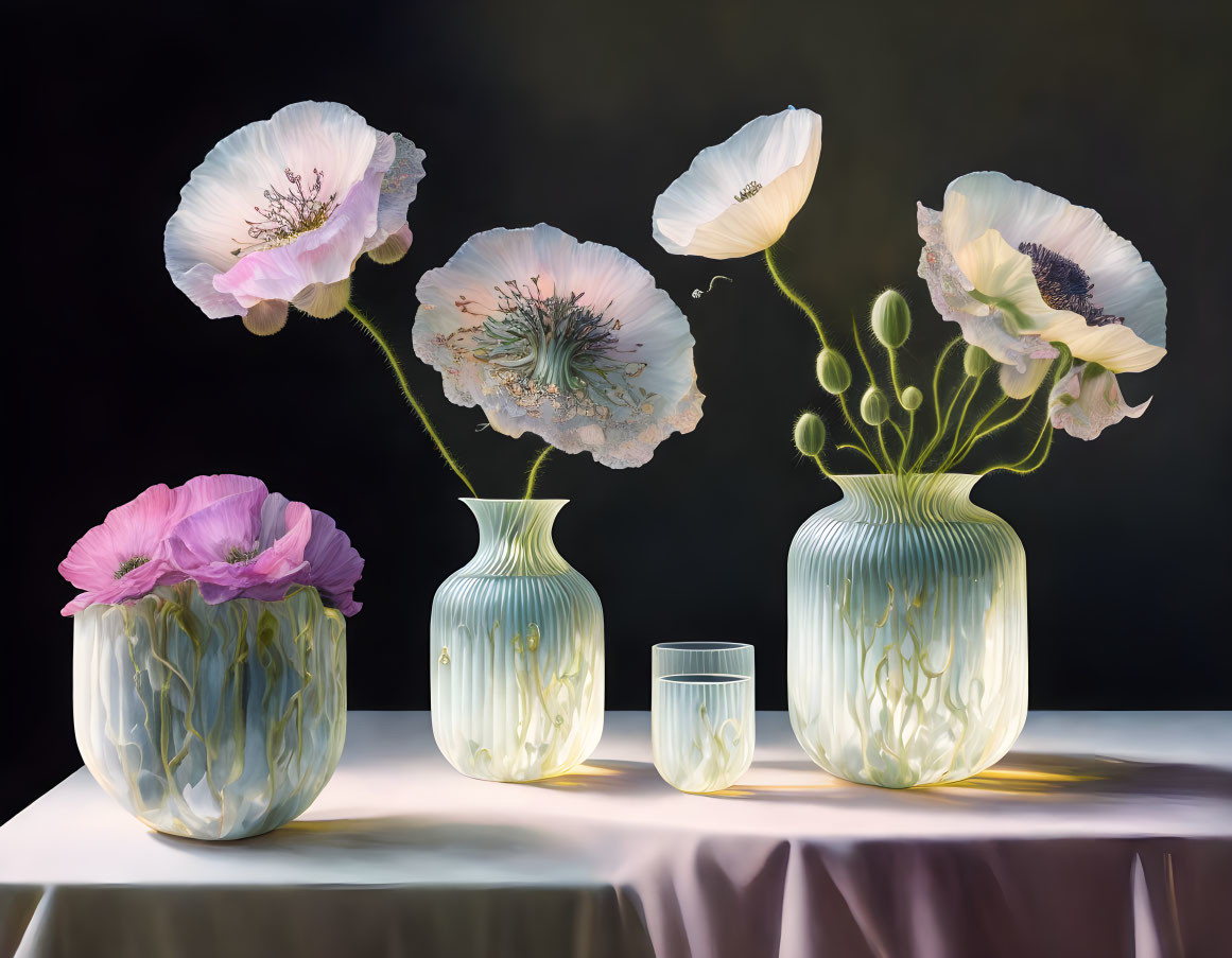 Pastel poppies in translucent vases on draped table with dark backdrop
