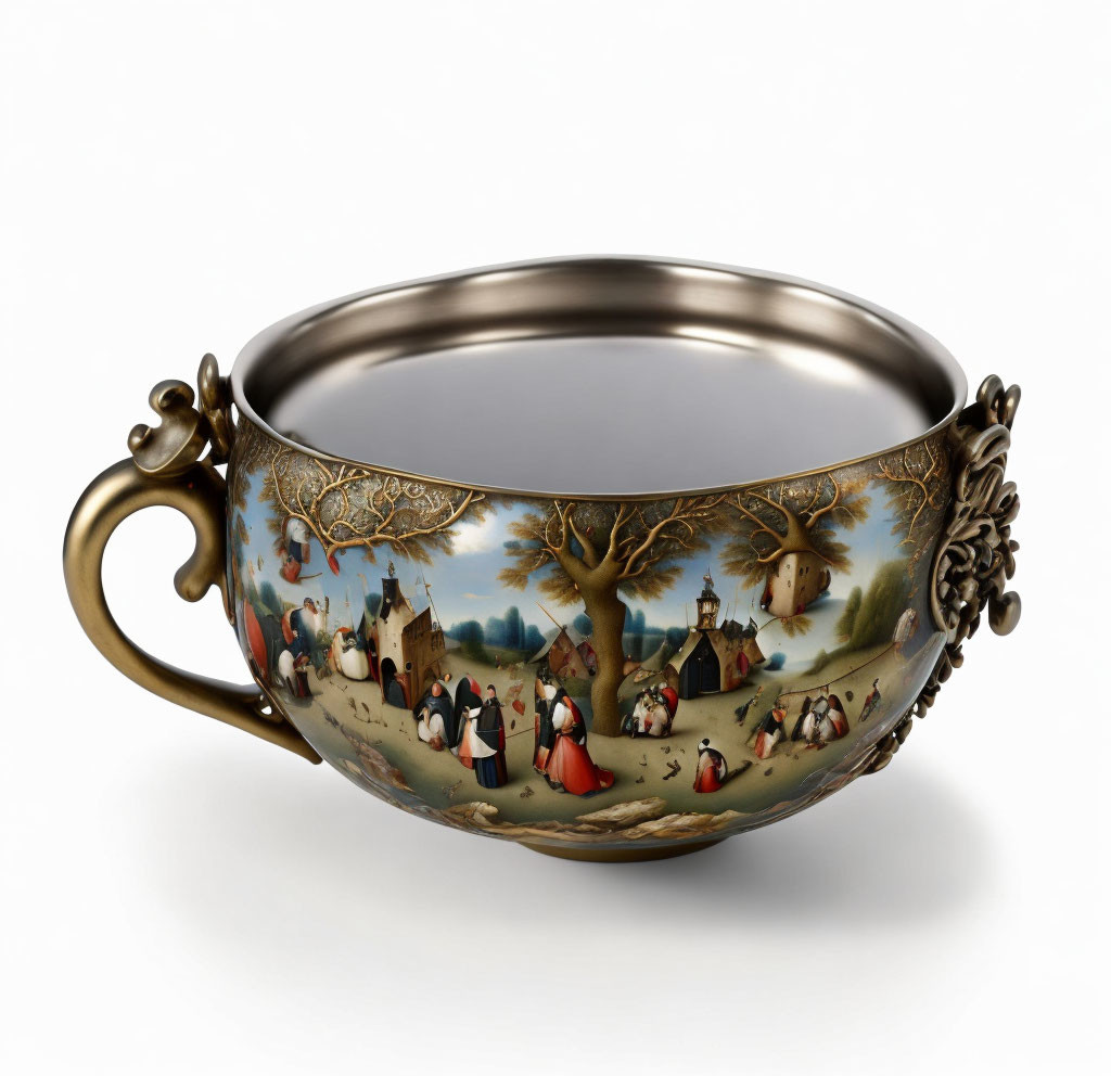 Intricate Cup with Pastoral Scene and Traditional Figures