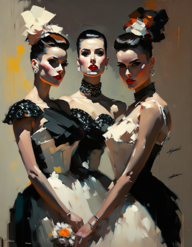 Three Women in Striking Makeup and Black & White Dresses with Ornate Headpieces