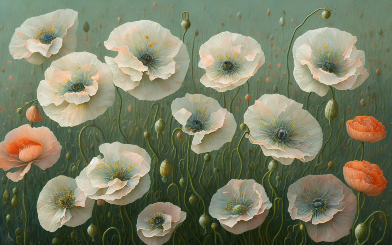 Delicate white and orange poppies on muted green background