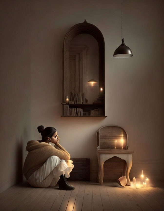 Person sitting by fireplace wrapped in blanket next to mirror and candles