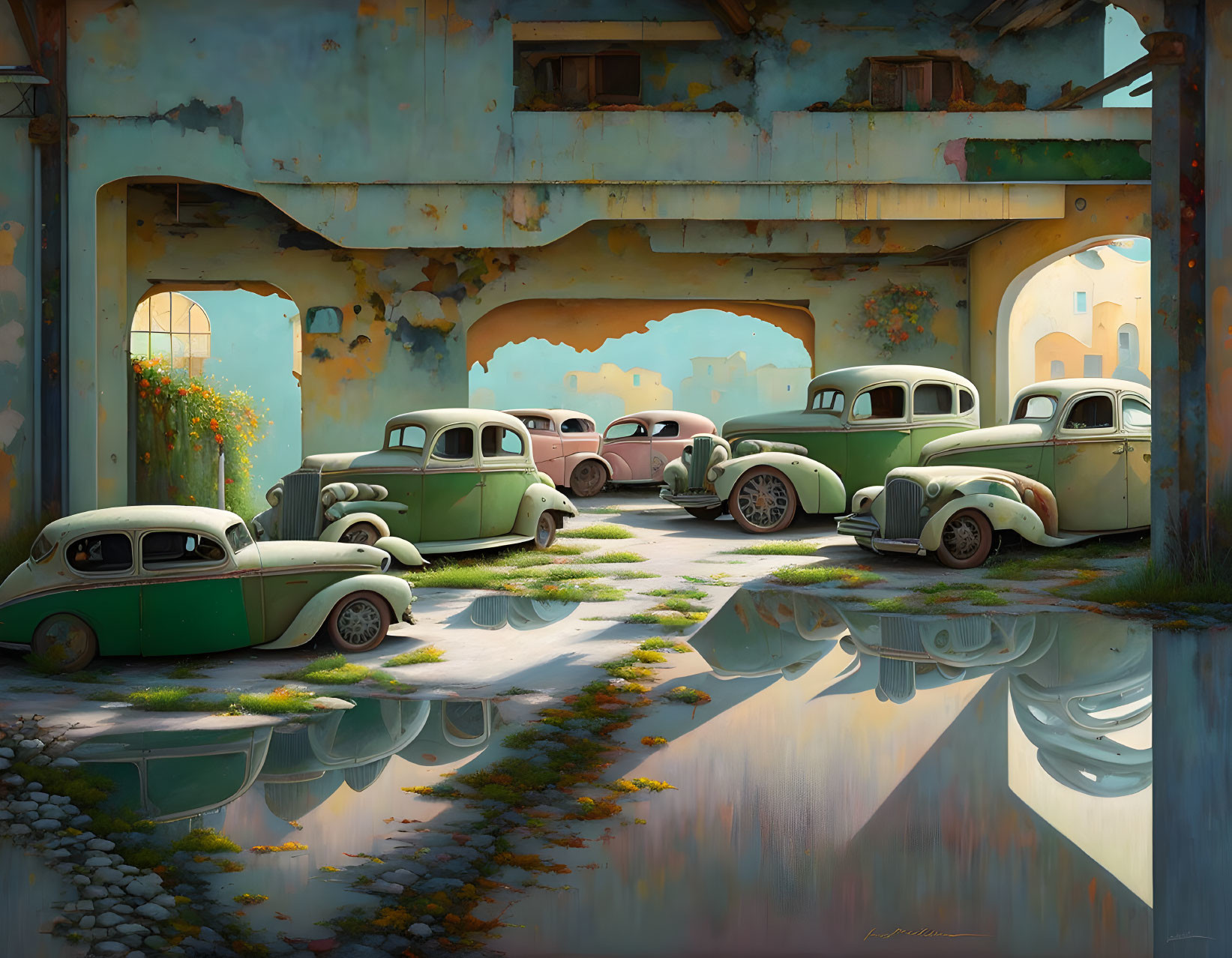 Abandoned building with vintage cars and greenery reflections