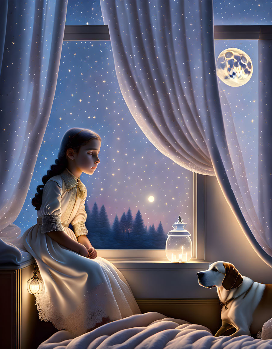 Vintage dress girl and dog by window under starry sky and full moon.