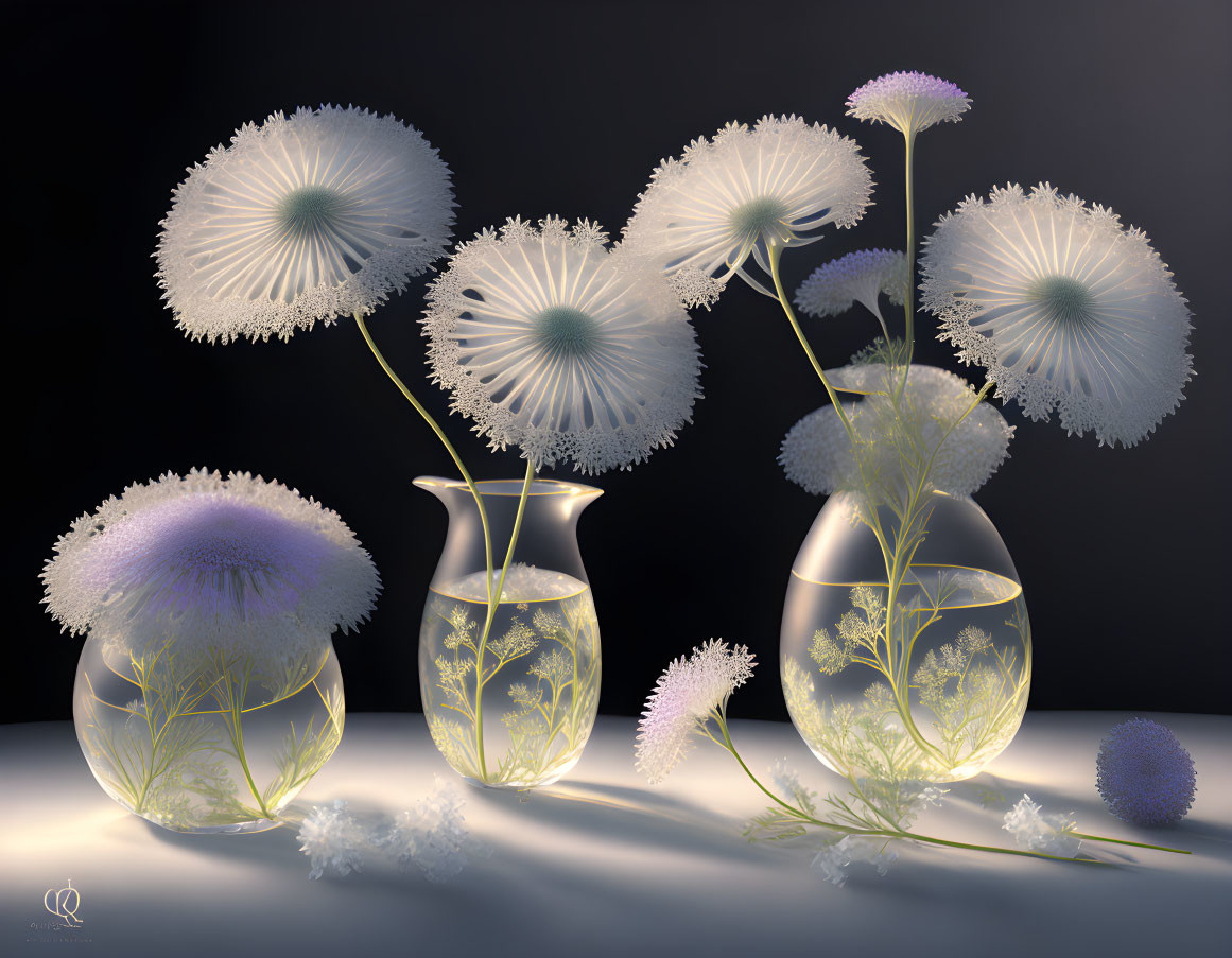 Translucent flowers in vases on dark background with subtle lighting