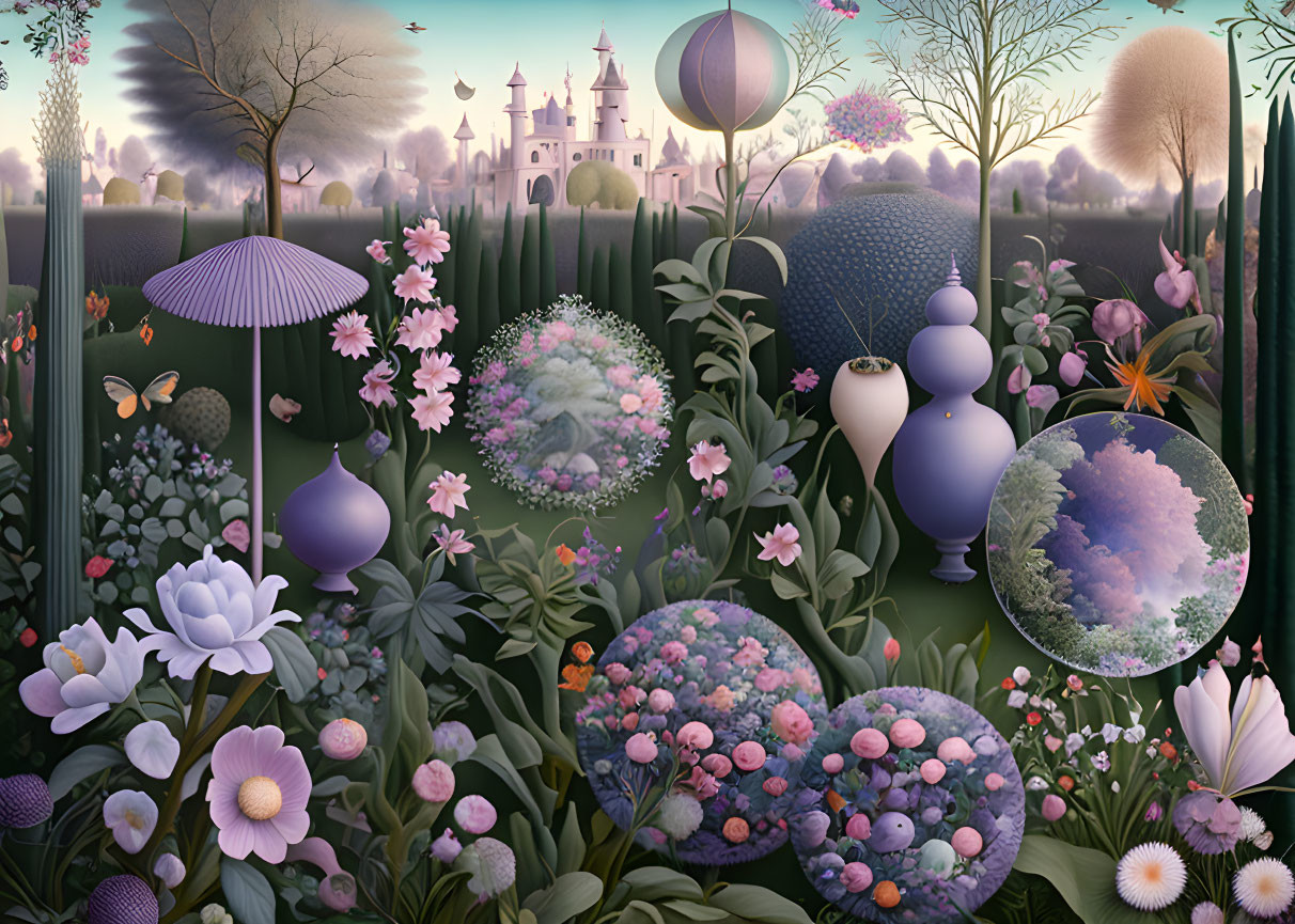 Fairytale landscape illustration with castle, gardens, balloons, and floral elements