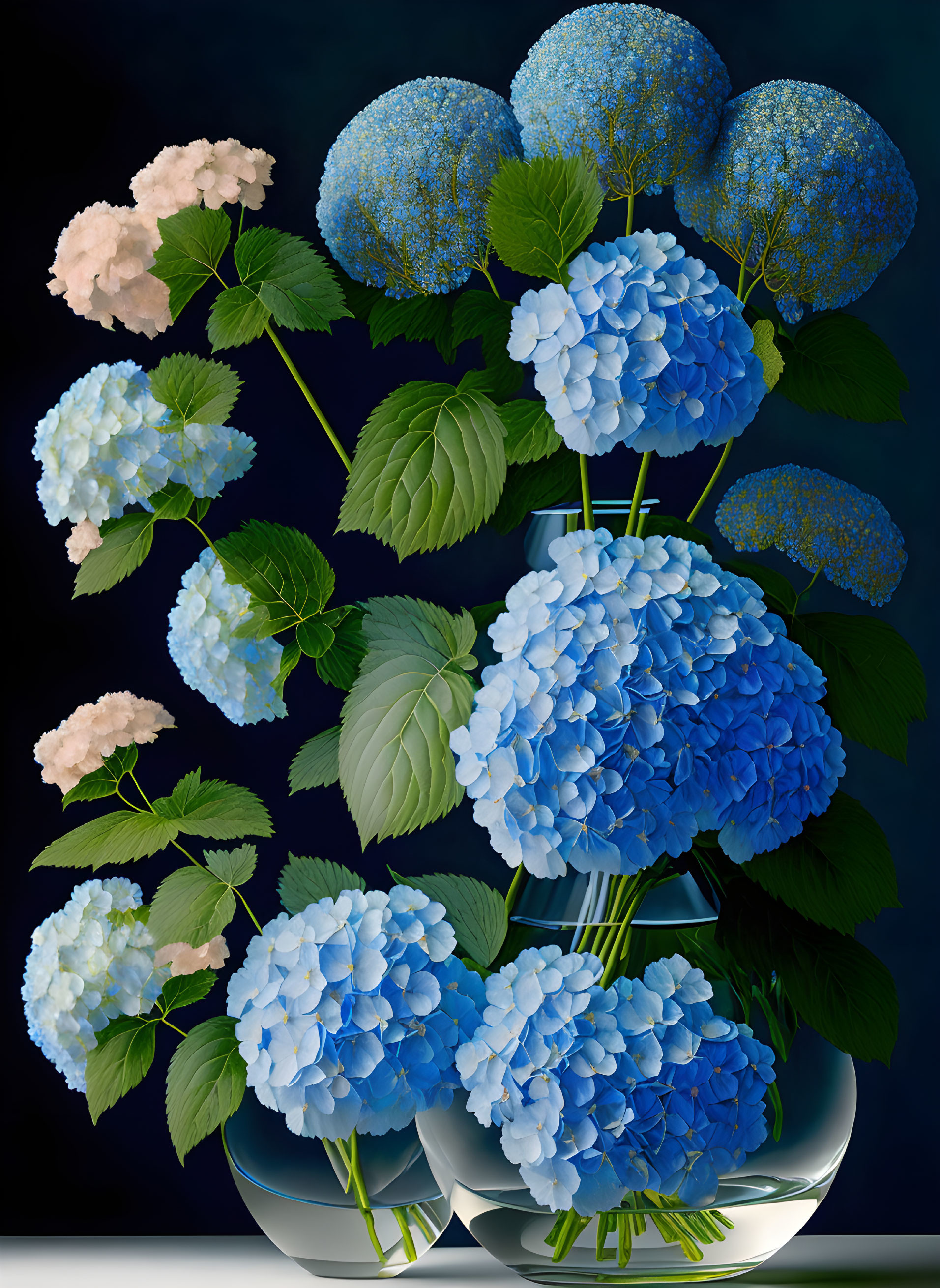 Digital painting of lush blue and pale pink hydrangeas in translucent vase