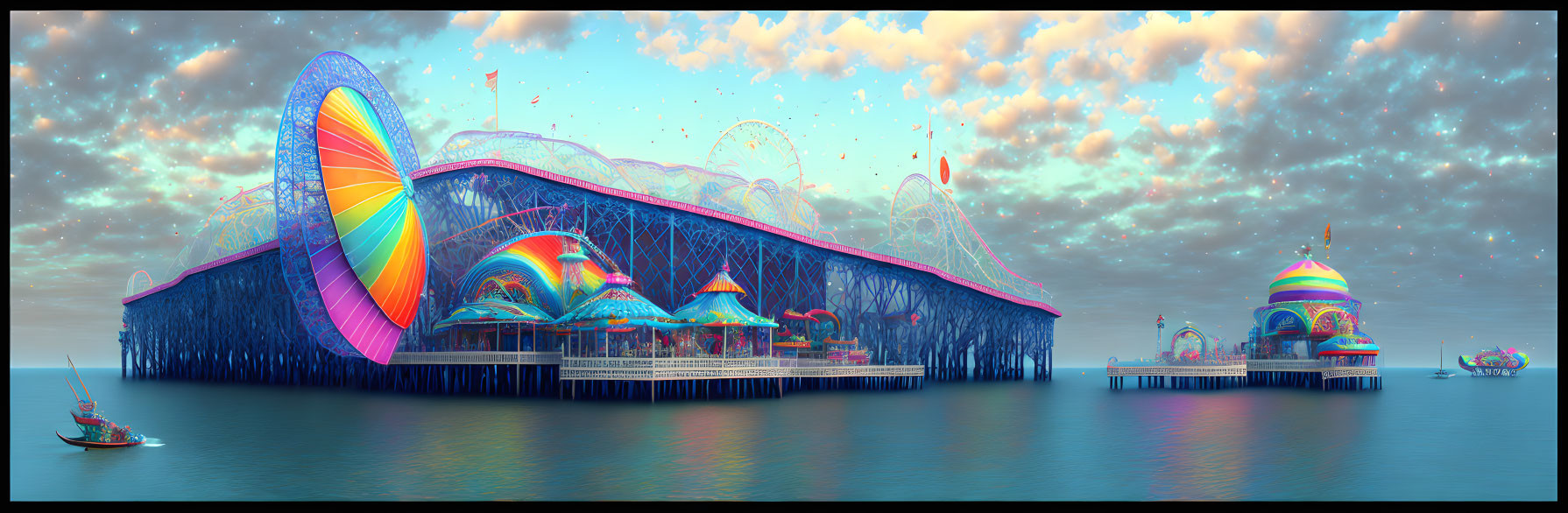 Colorful Amusement Park on Pier with Ferris Wheel & Roller Coasters