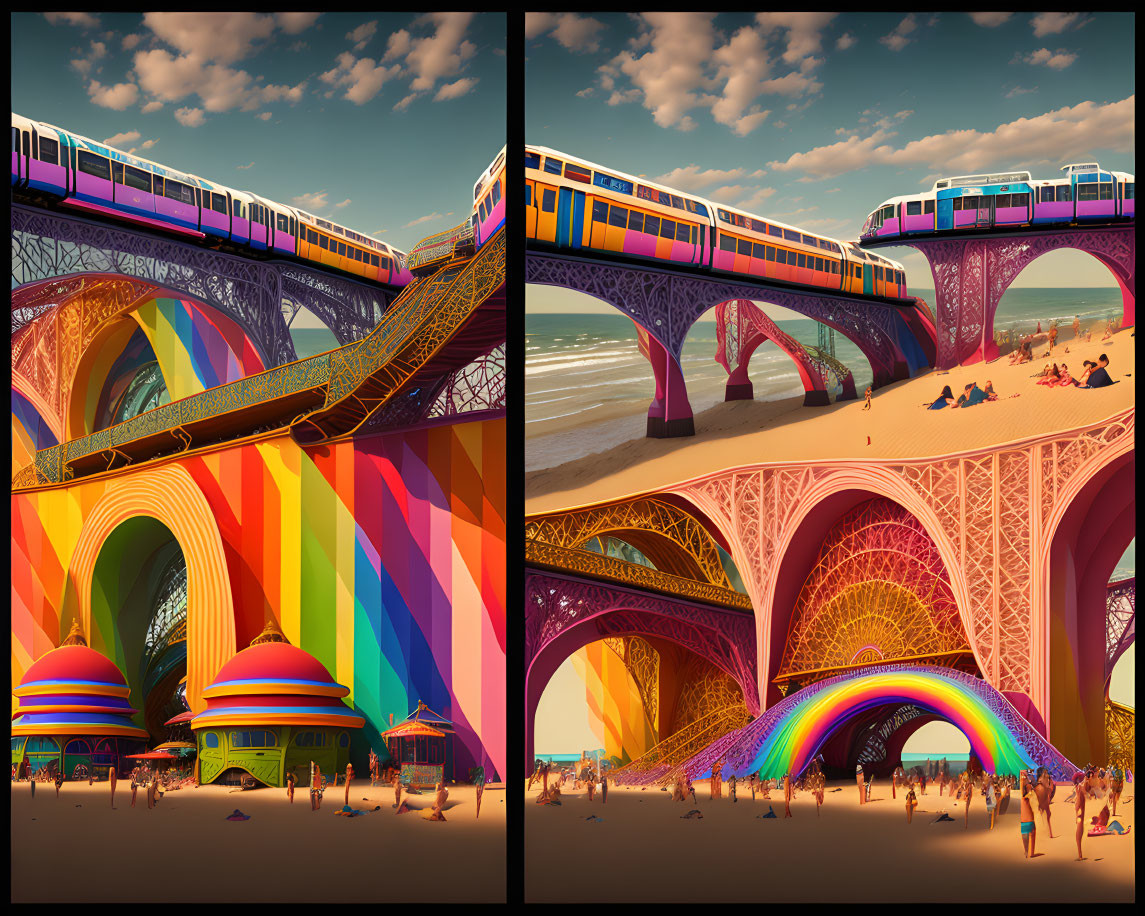 Colorful Train Crossing Rainbow Bridge on Beach with Whimsical Eiffel Tower