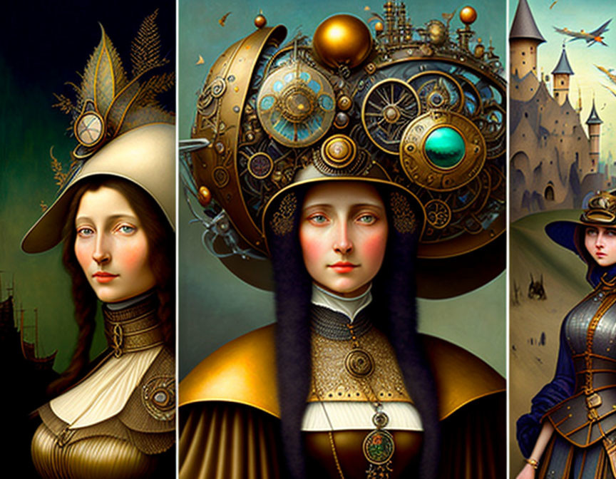 Three steampunk women portraits with elaborate hats and machinery in front of castle backdrop